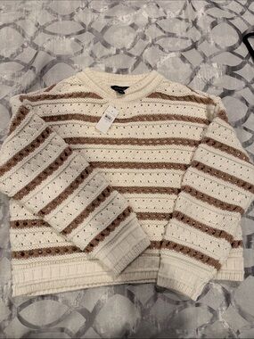 Ann Taylor Cream and Brown Striped Crewneck Sweater